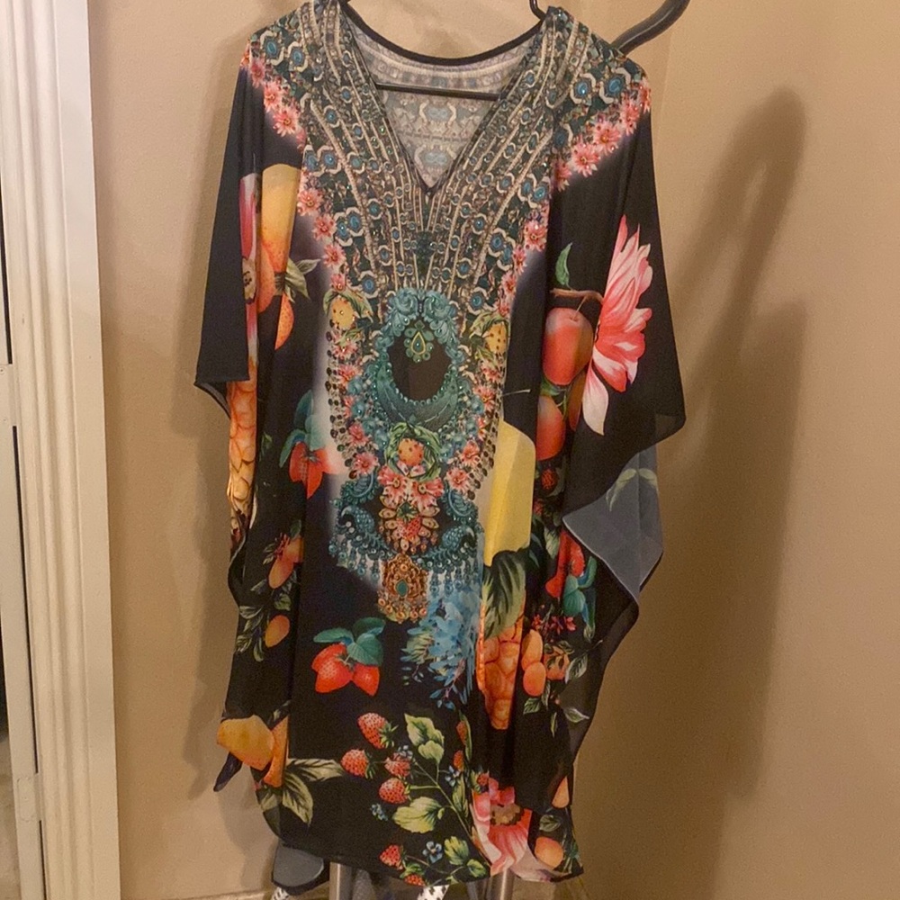 Black Colorful Fruit Kaftan with Stones